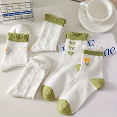 5 Pairs Floral & Bow Print Socks Comfy & Ruffle Mid Tube Socks Women's Stockings