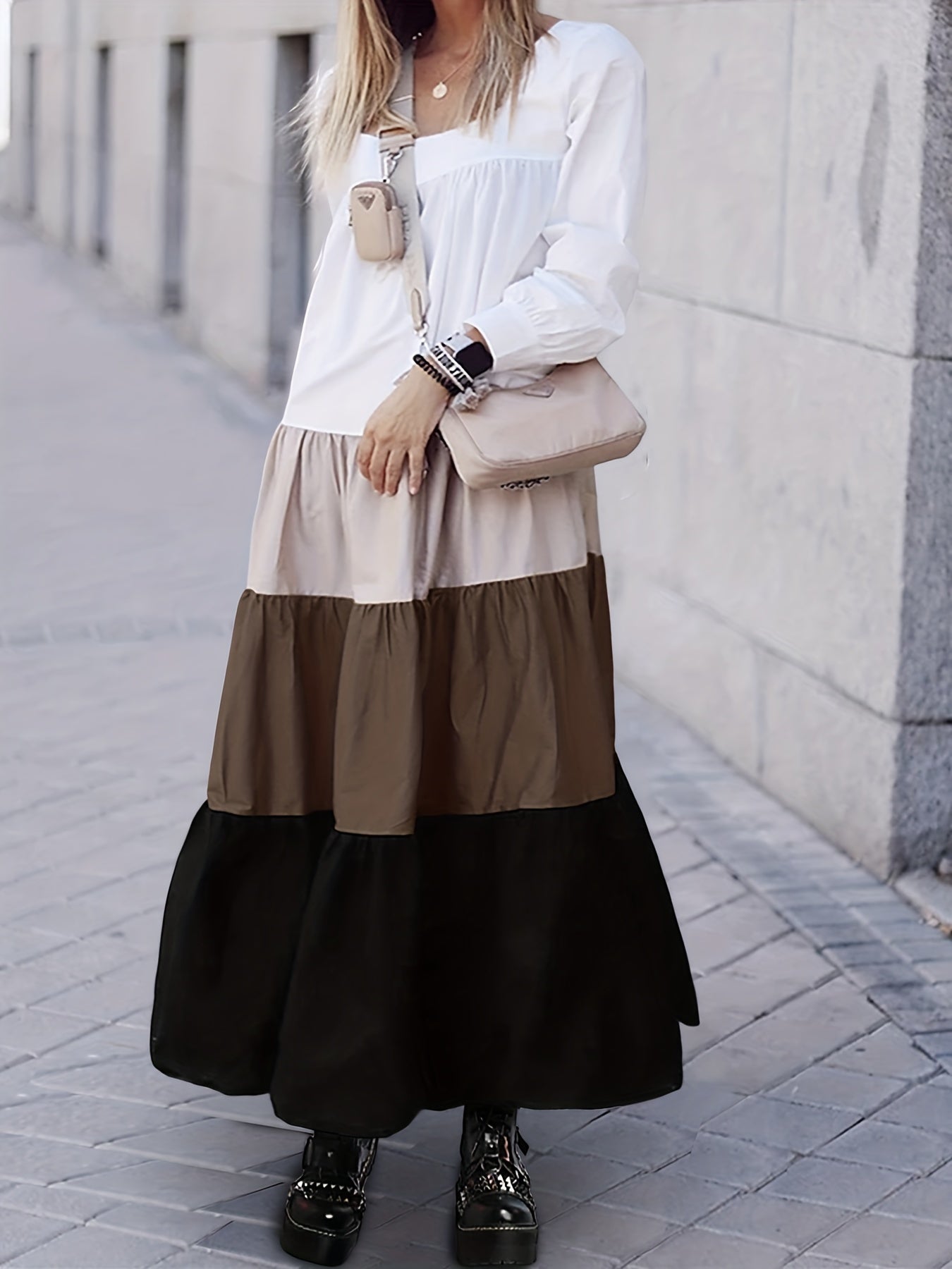  Colorblock Long Sleeve Maxi Dress