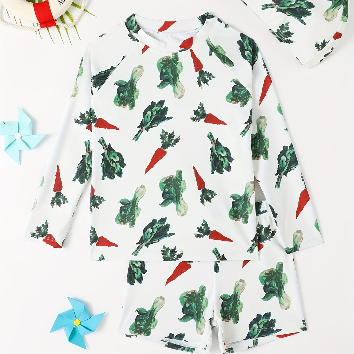 Boy's Vegetable Print Swimsuit Long Sleeve Top & Shorts