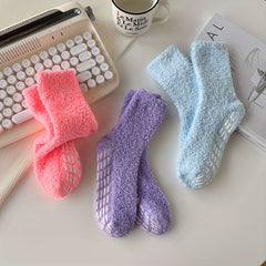 3 Pairs Solid Fuzzy Socks Warm Mid Tube Women's Stockings