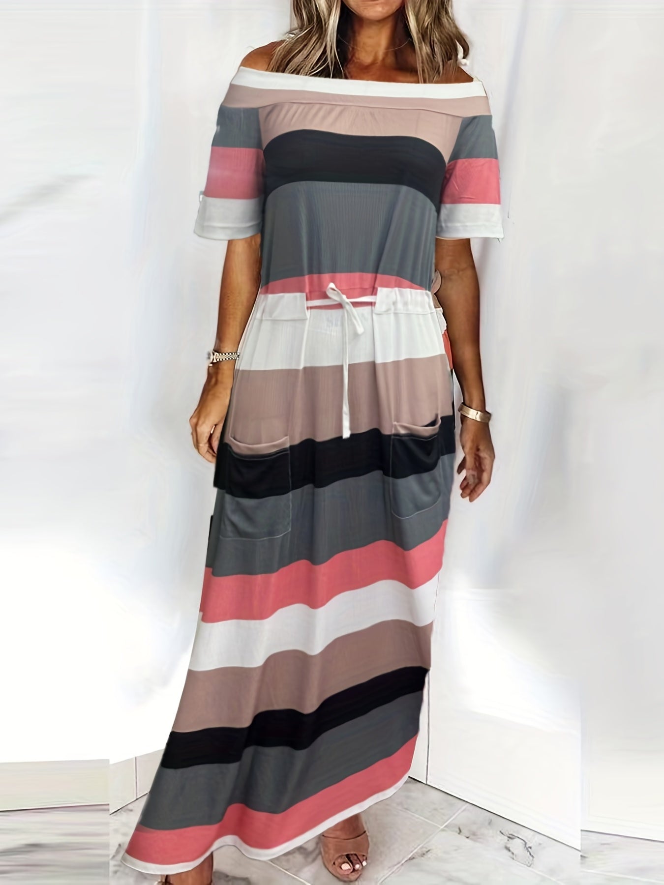  Colorblock Striped Off Shoulder Maxi Dress With Pockets