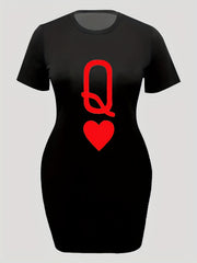  Casual Dress Women's Plus Q & Heart Print Short Sleeve Bodycon Dress