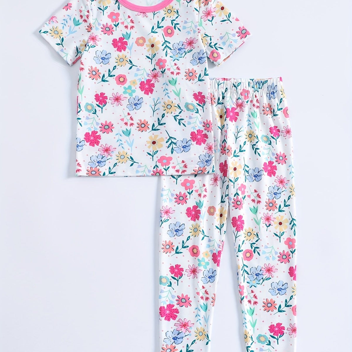 Girl's 2pcs Floral Print Pajama Set Short Sleeve Top & Pants