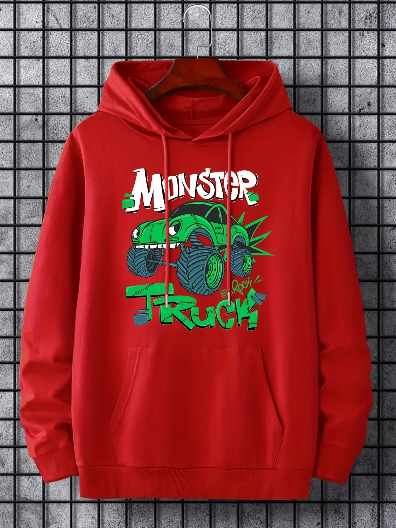 Men's Car Monster Print Hooded Sweatshirt Long Sleeve Drawstrings