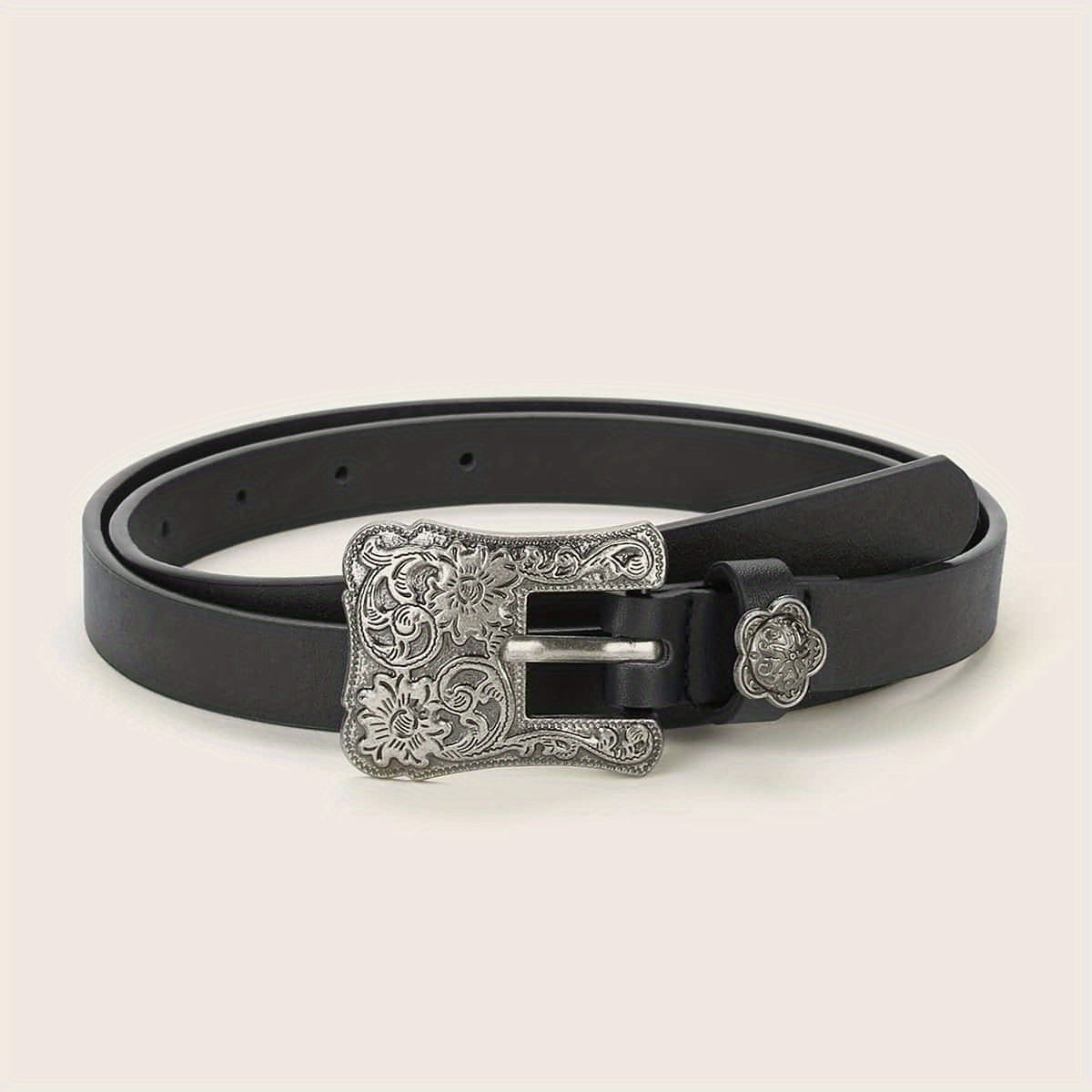 Vintage Flower Engraved Buckle Belts Boho Solid PU Leather Belt
