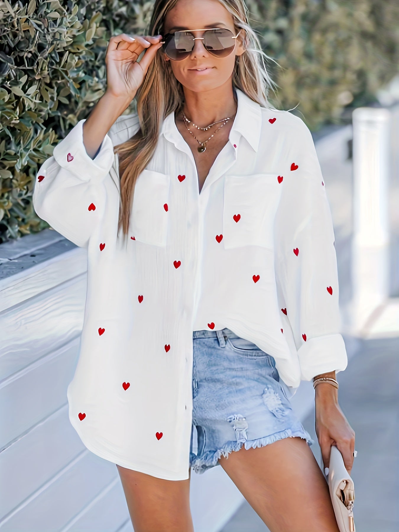  Heart Print Button Up Long Sleeve Blouse