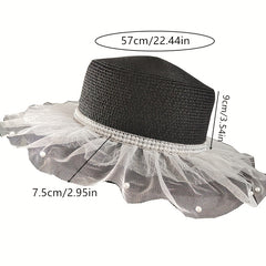 Mesh Lace Sun Hat Faux Pearl Decor Wide Brim Straw Hat French Style