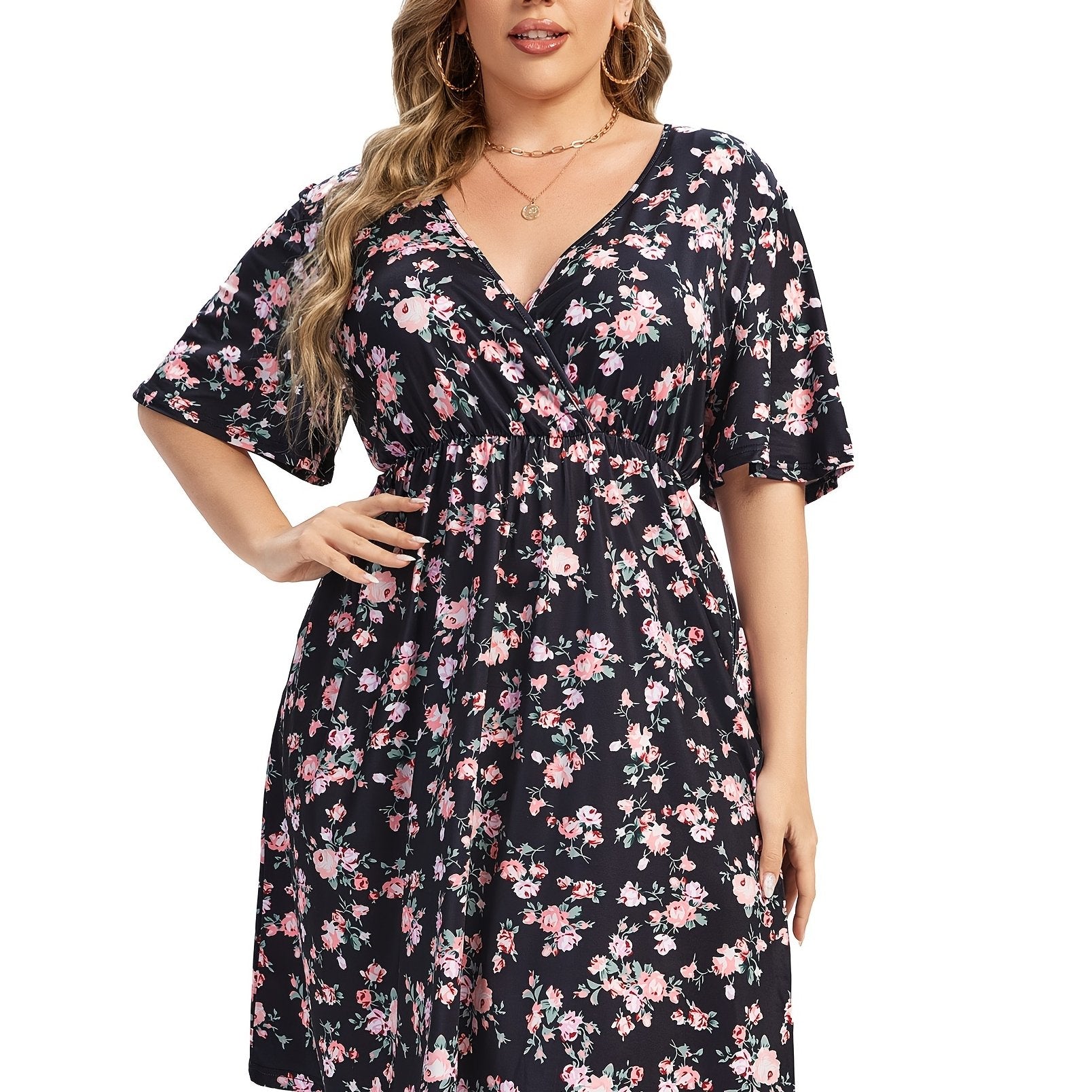  Floral Print V Neck Stretch Dress