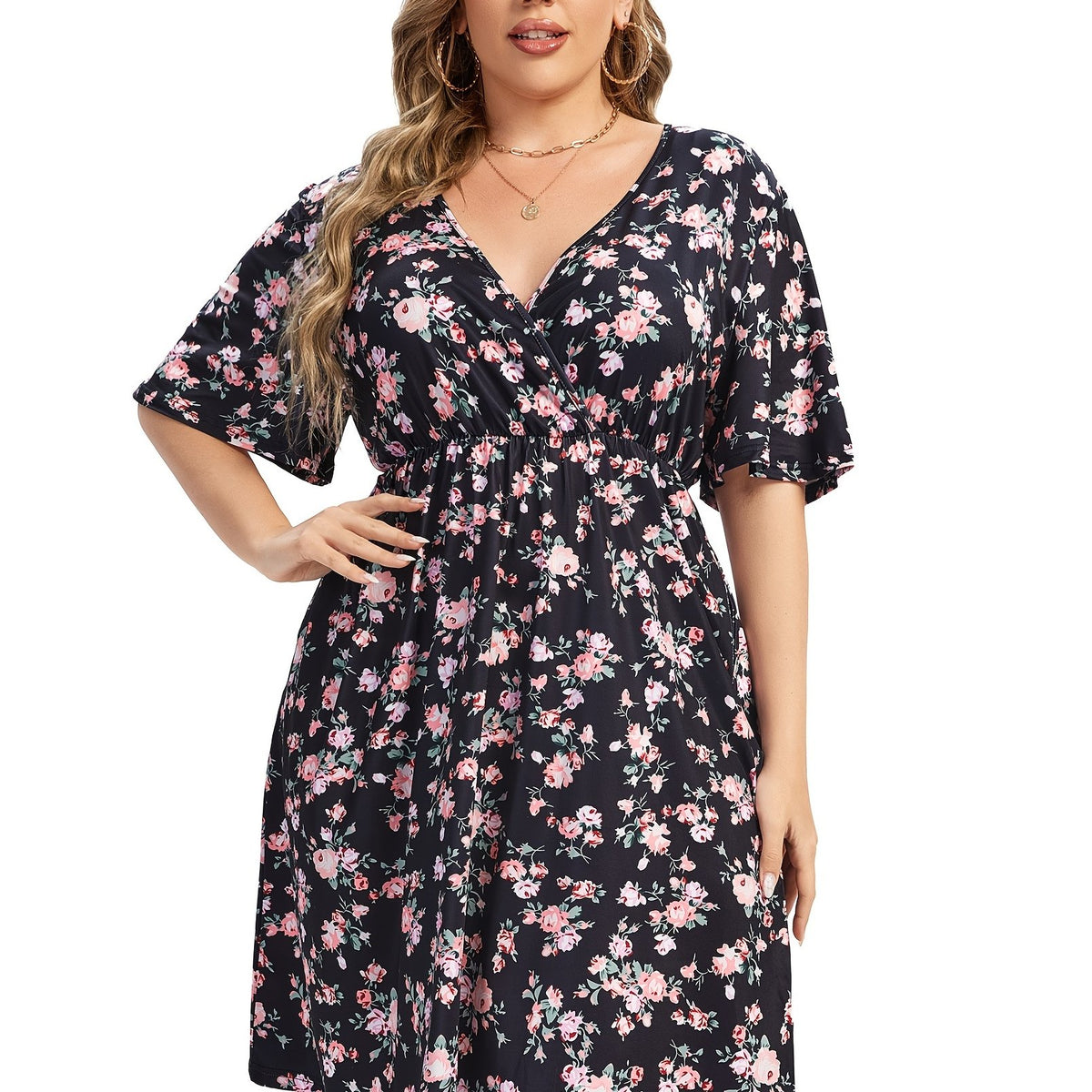  Floral Print V Neck Stretch Dress