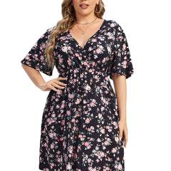  Floral Print V Neck Stretch Dress