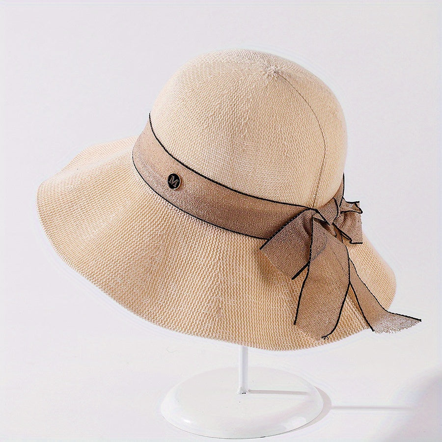 Ribbon Bowknot Ruffles Bucket Hat Wide Brim Summer Sun Hat