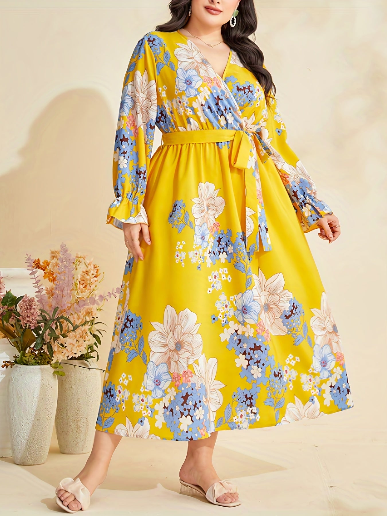  Floral Print Lantern Sleeve Dress With Belt