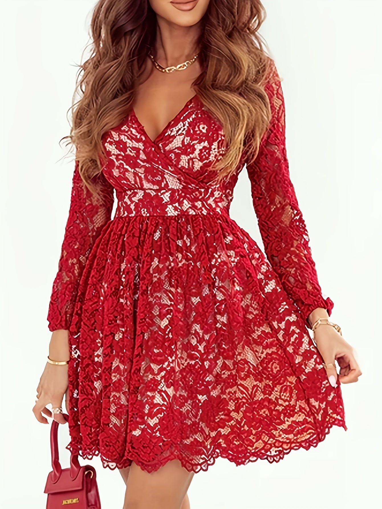  Lace Long Sleeve Surplice Neck Dress