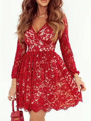  Lace Long Sleeve Surplice Neck Dress