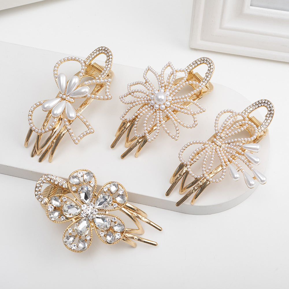 Flower Duckbill Clip Faux Pearl Hair Barrette Crystal Ponytail Hair Pins