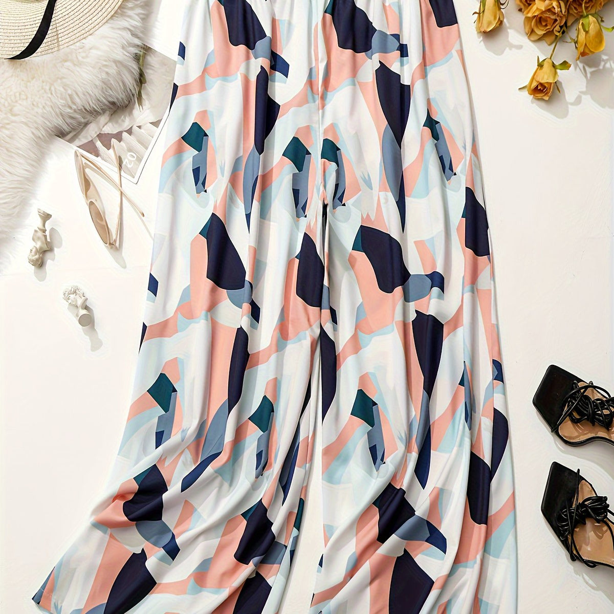  Colorblock Print Wide Leg Trousers