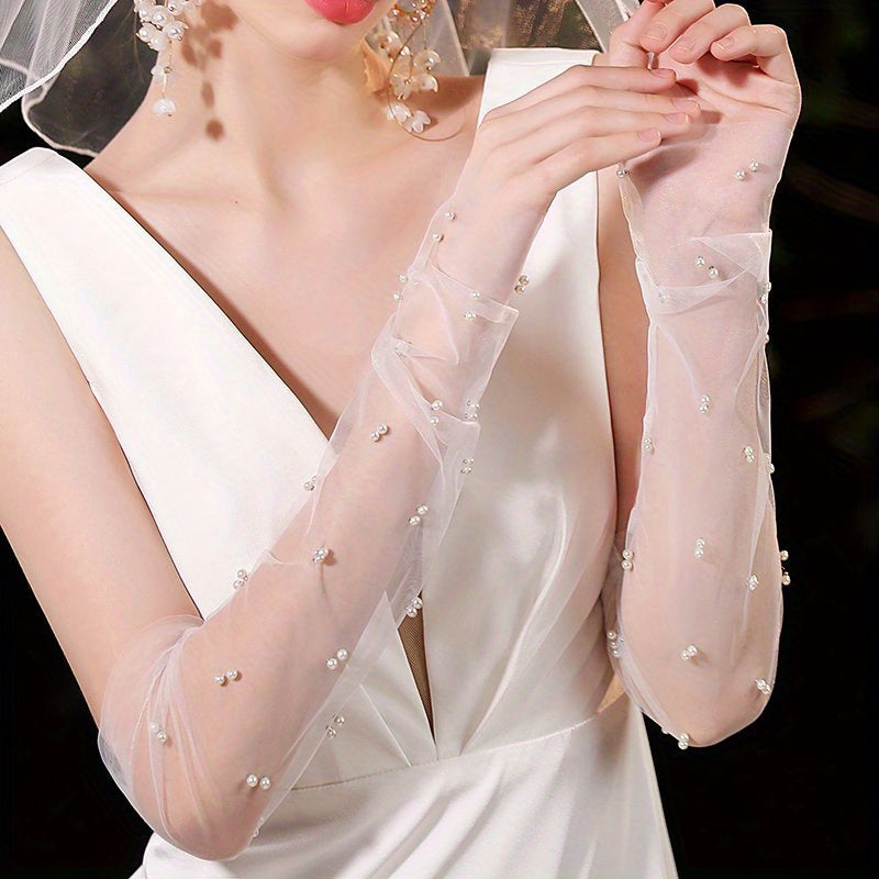 Bride's Long Sheer Veil with Pearl Arm Sleeves Wedding Accessory