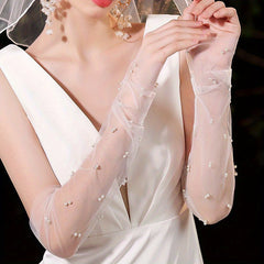 Bride's Long Sheer Veil with Pearl Arm Sleeves Wedding Accessory