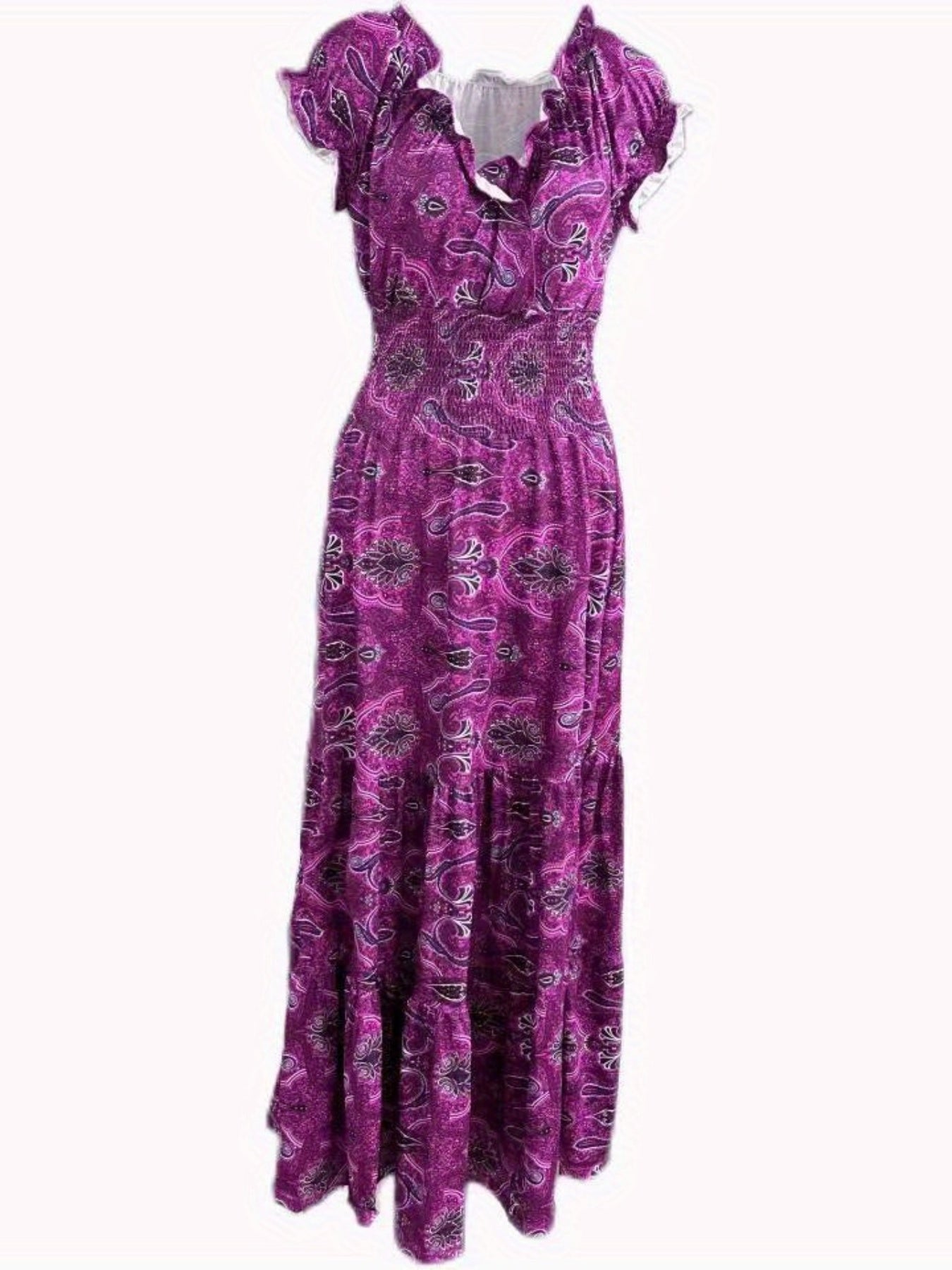  Floral Print Bubble Sleeve V Neck Nipped Waist Maxi Dress