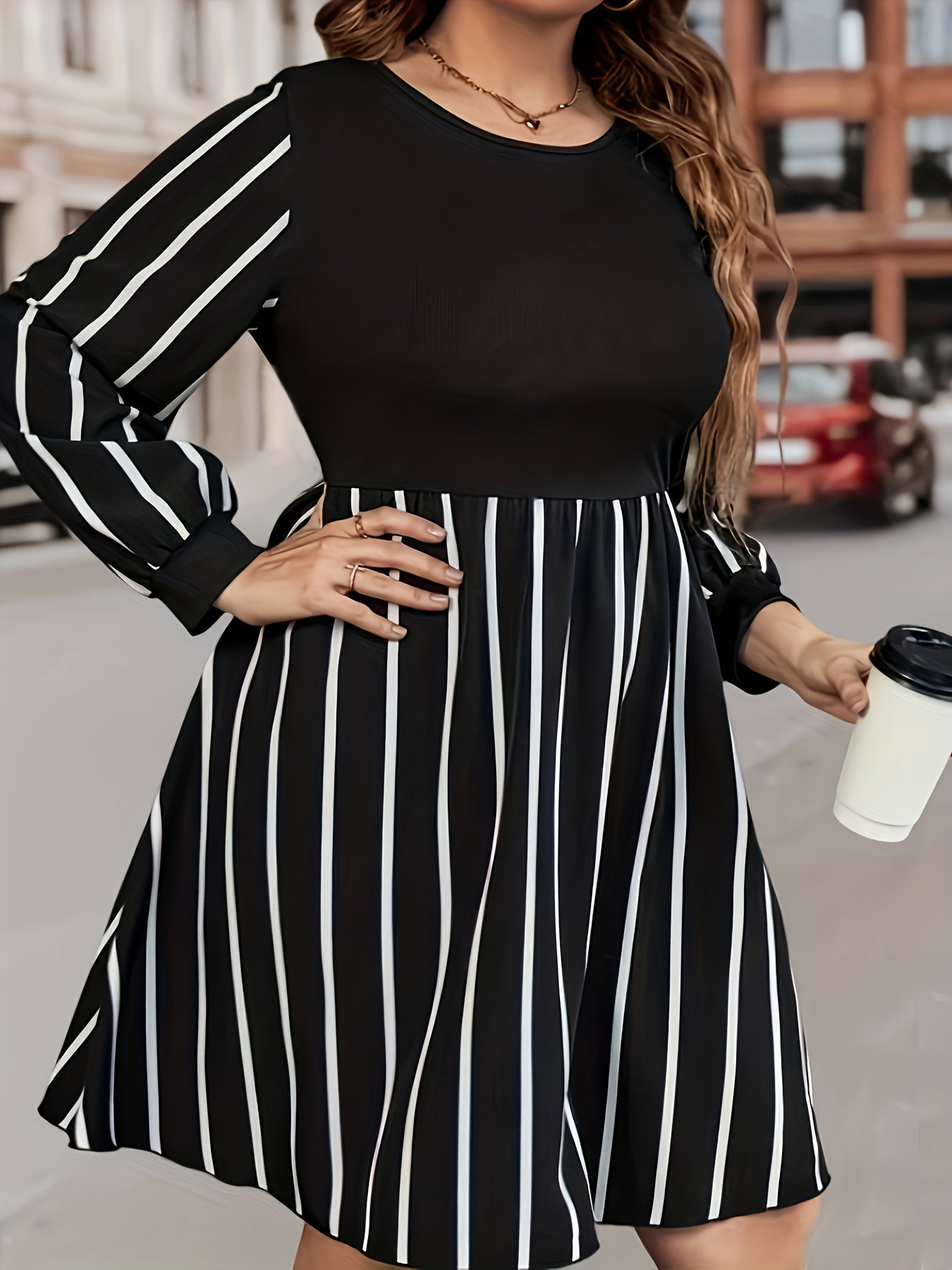  Colorblock Striped Long Sleeve Round Neck Dress