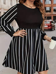  Colorblock Striped Long Sleeve Round Neck Dress