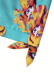  Floral Print Knot Short Sleeve V Neck Dress