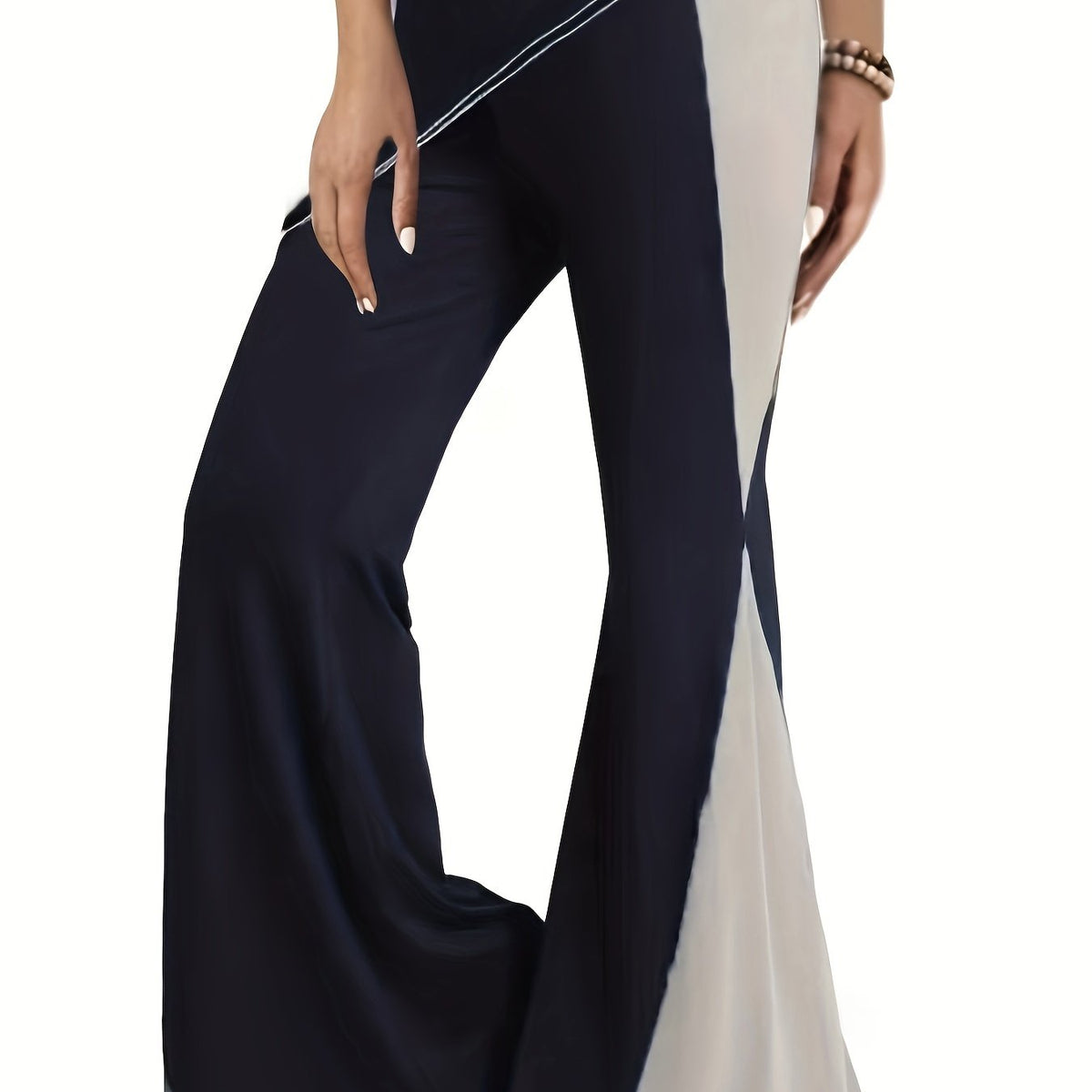  Colorblock Flared Leg Trousers High Rise Medium Stretch Casual Pants
