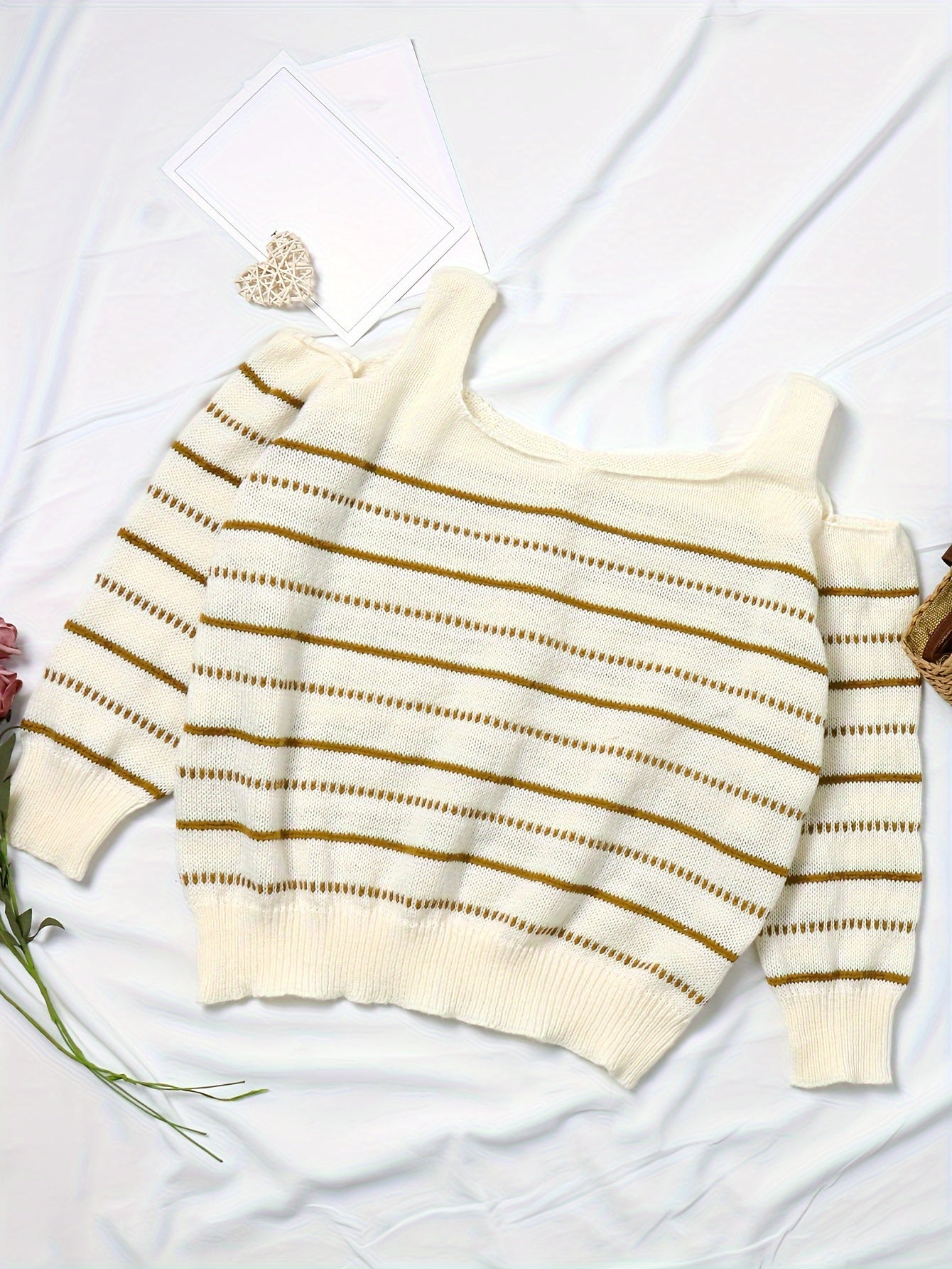  Stripe Print Cold Shoulder Jumper