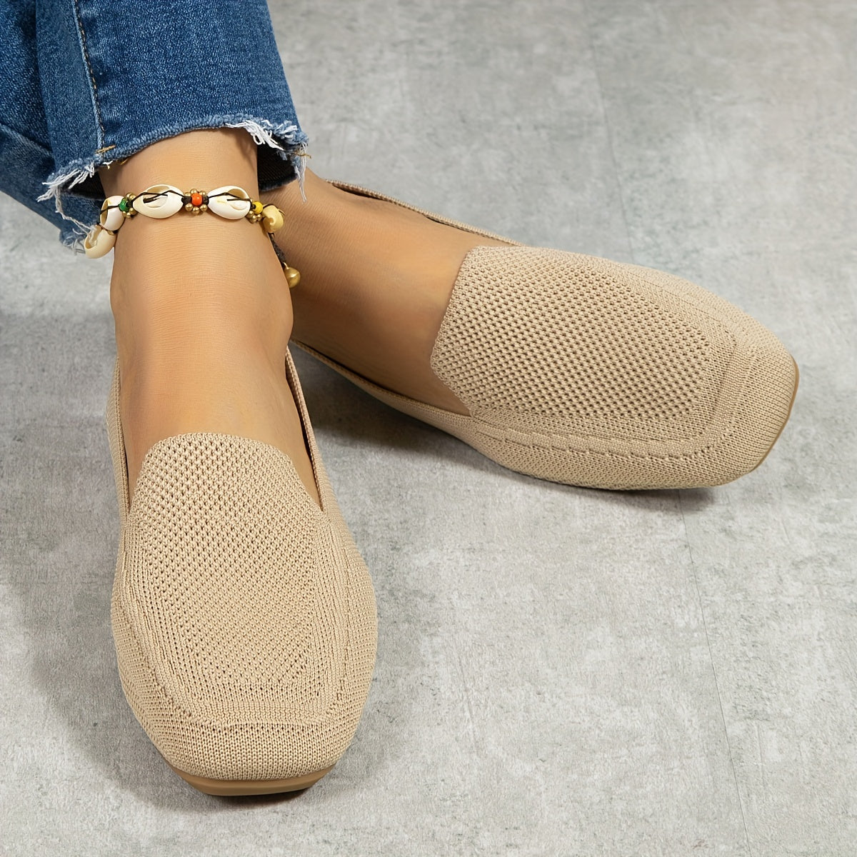 Women's Knitted Flat Shoes Comfy Square Toe Slip On Casual Walking Flats