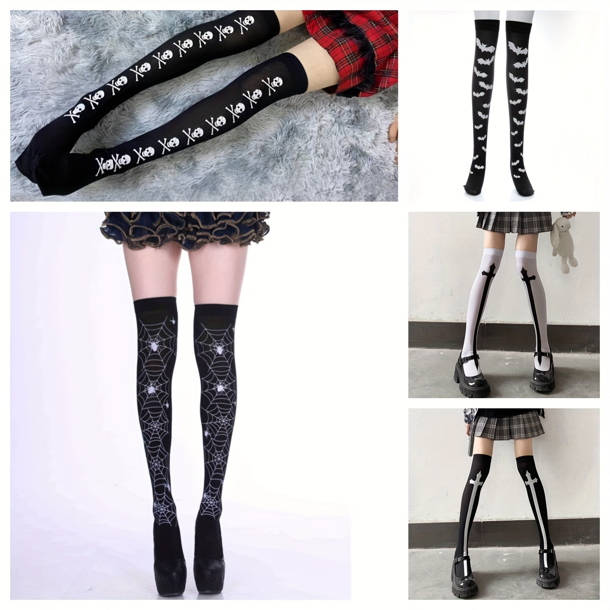 Halloween Party Stockings Spider Web Bat Skull Over The Knee Socks