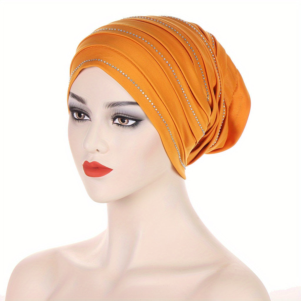 Pleated Satin Turban Cap Rhinestone Decor Head Wraps Elastic Hijab Hats