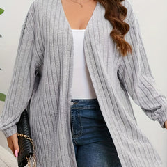  Solid Ribbed Long Sleeve Open Front Cardigan