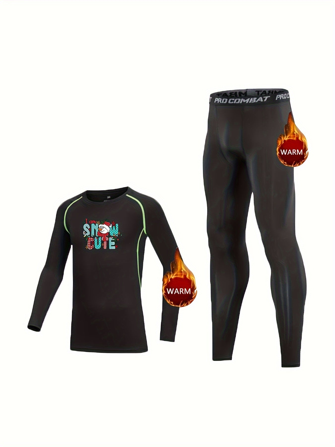 Kids Fleece Lined Compression Set Christmas Snowman Leggings & Tops S