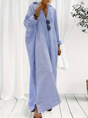  Stripe Print Button Up Long Sleeve Maxi Shirt Dress