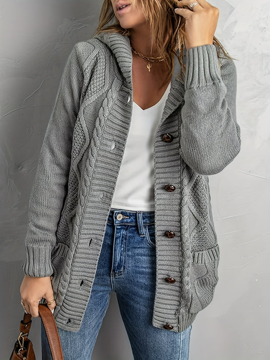  Solid Button Up Cable Long Sleeve Hooded Cardigan With Pockets