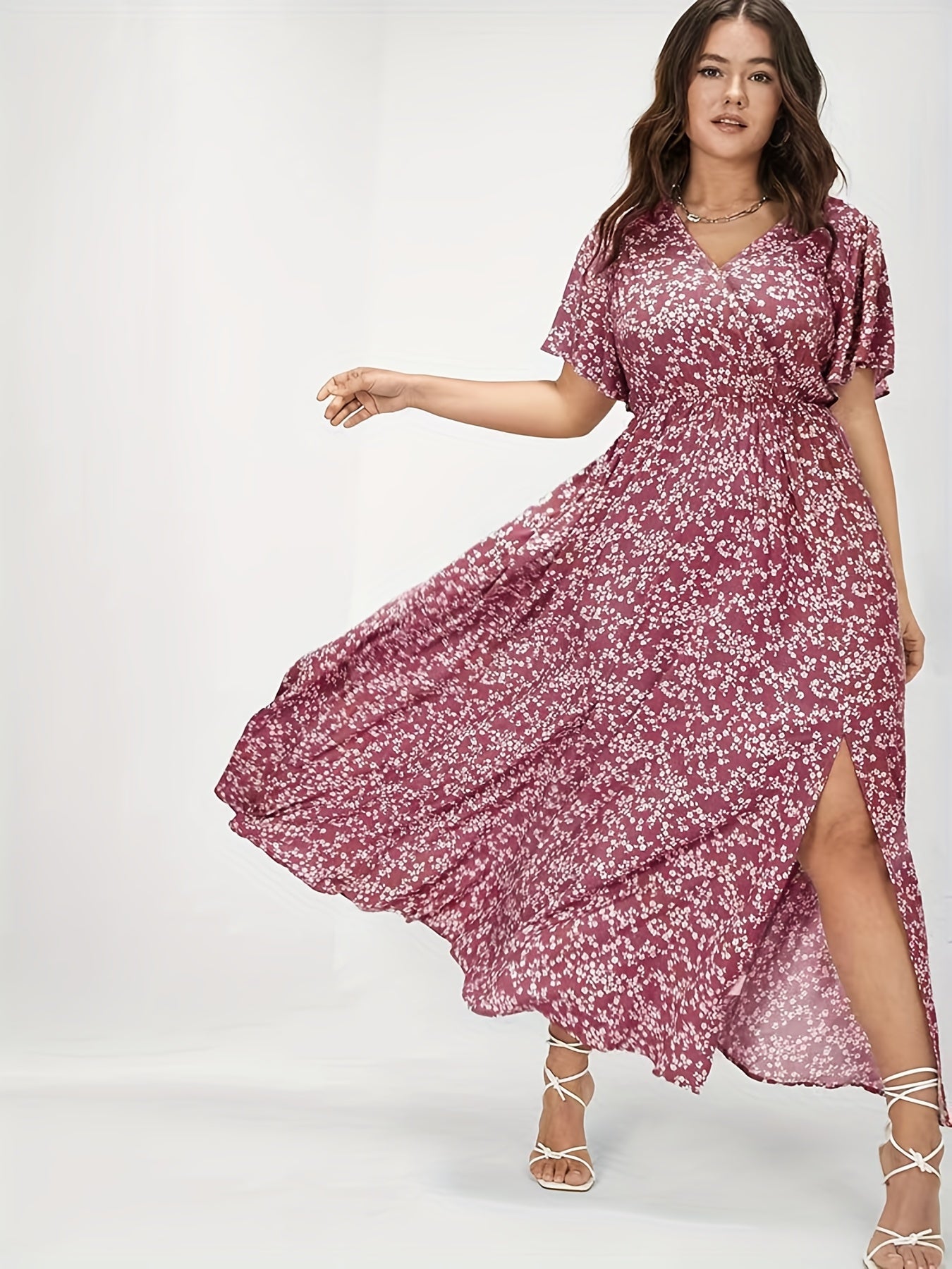  Boho Dress Floral Print Maxi Ruffle Sleeve Split