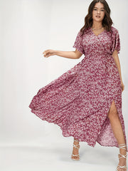  Boho Dress Floral Print Maxi Ruffle Sleeve Split