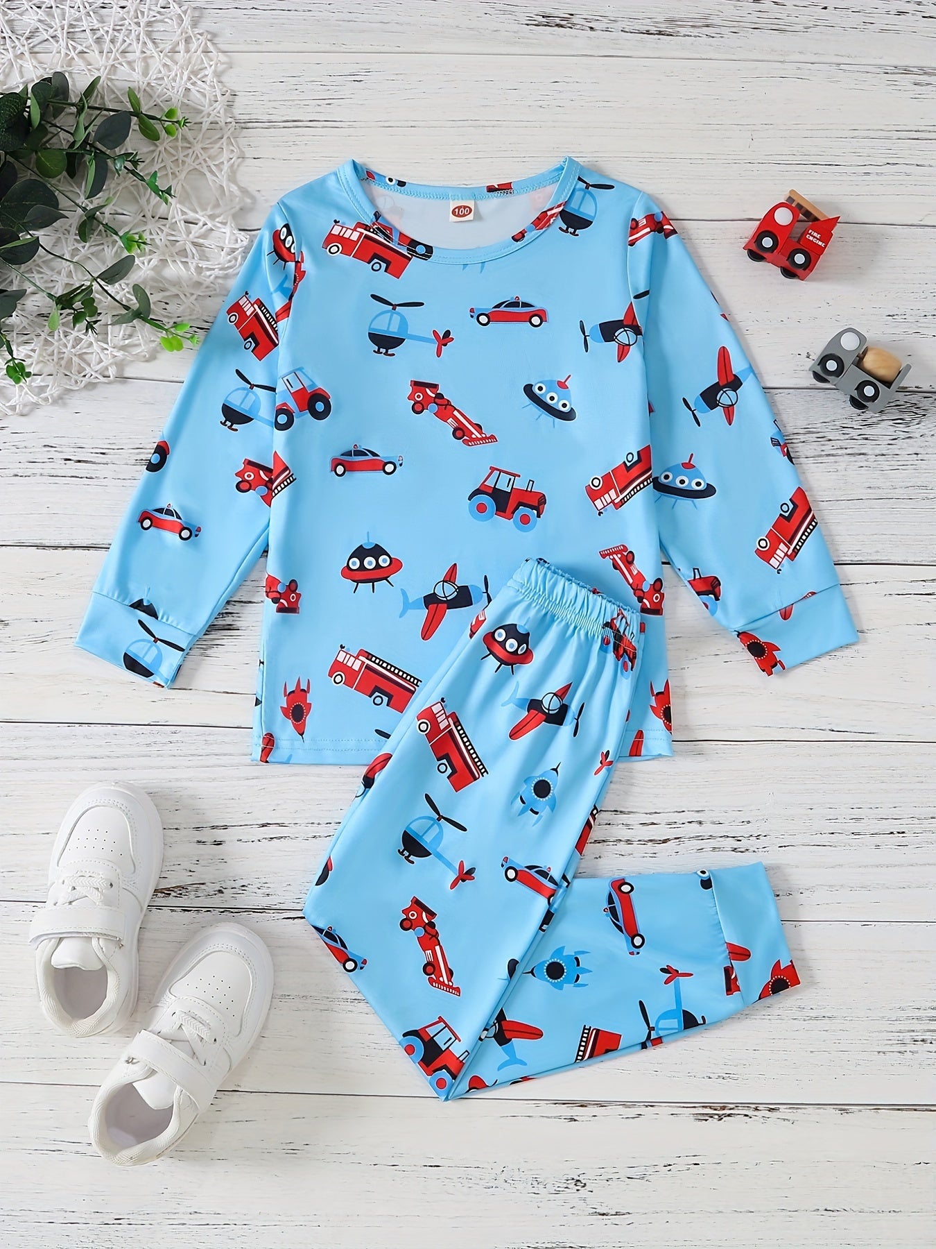 2pcs Vehicle Pattern Toddler Kid's Pajamas Set Boy's Loungewear