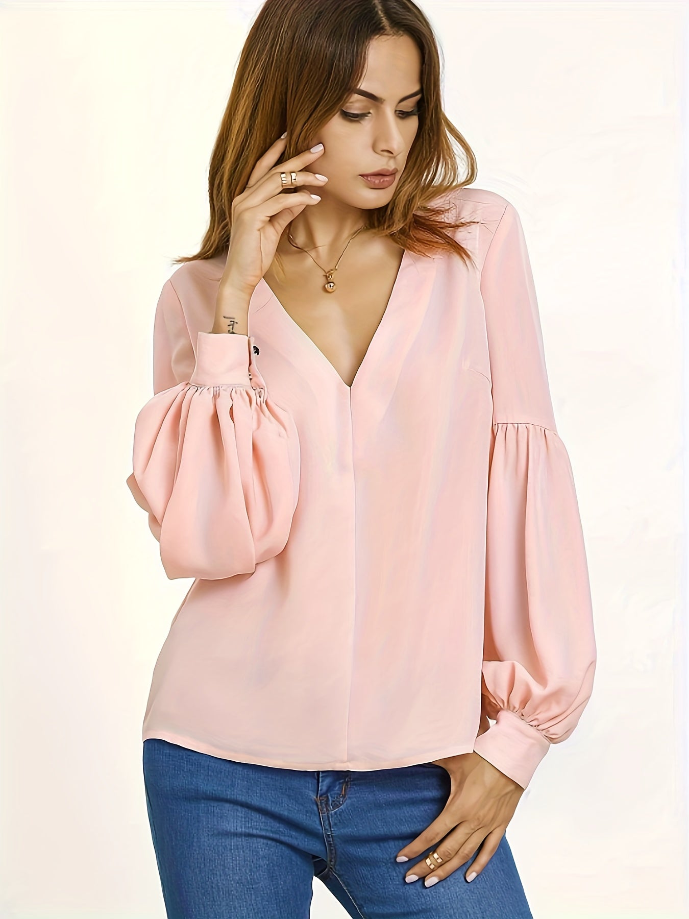  Casual Blouse Women's Plus Solid Stitching Lantern Sleeve
