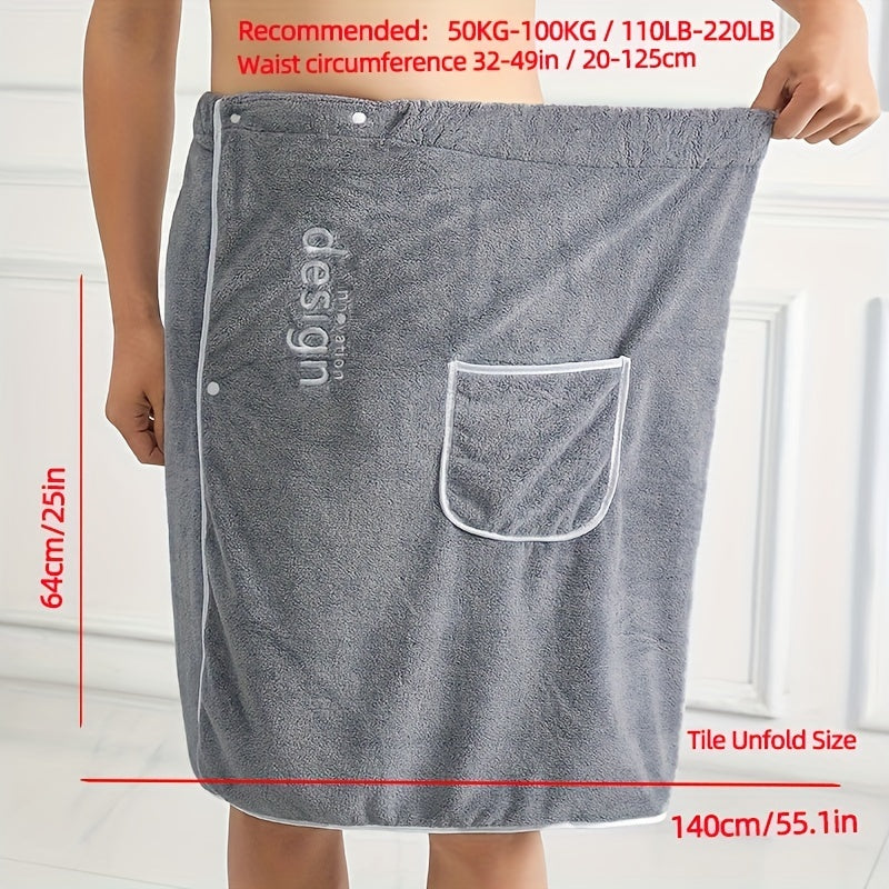 Men's Bath Towel Skirt with Pocket Soft Coral Fleece Absorbent Wrap Towel
