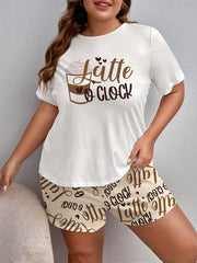  Lounge Set Women's Plus Drinks & Letter Print Tee & Shorts Pajama Set