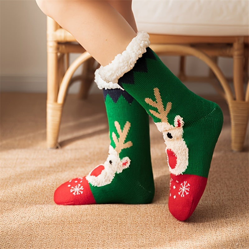 Christmas Elk Pattern Socks Warm Plush Lined Home Socks Women's Stockings