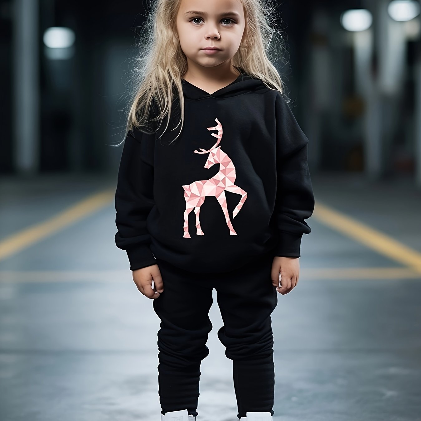 Reindeer Print Outfits 2pcs Girls Hoodies Jogger Pants Set For Sports
