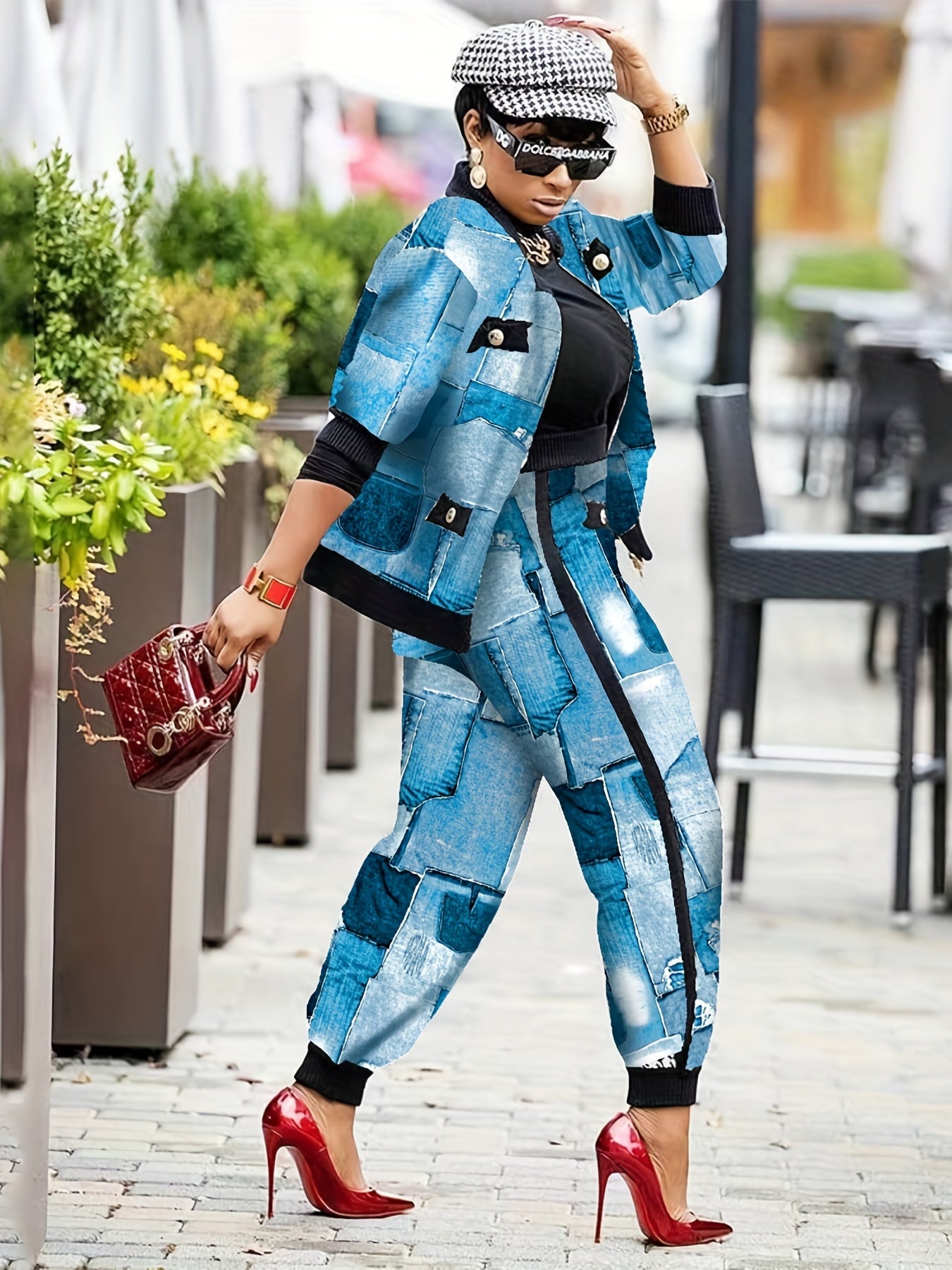Plaid Button Two piece Set Contrast Trim Jacket & Casual Pants Outfits
