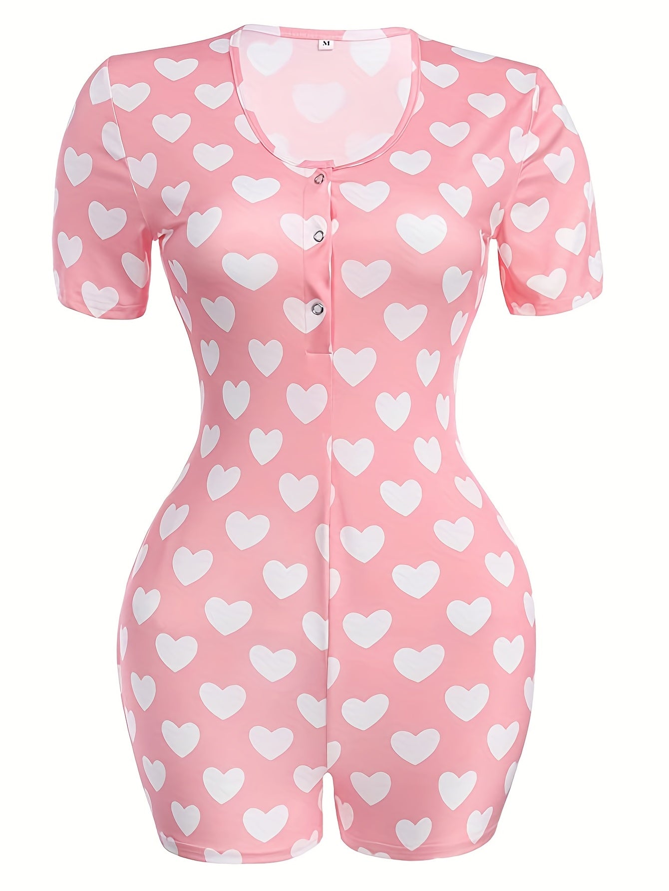 Heart Print Lounge Romper Sexy Short Sleeve Buttons Romper Women's Loungewear