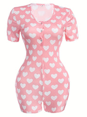 Heart Print Lounge Romper Sexy Short Sleeve Buttons Romper Women's Loungewear
