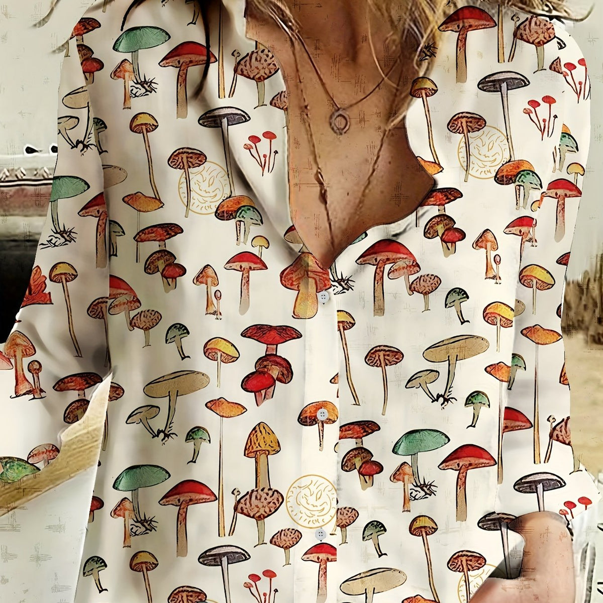  Mushroom Print Long Sleeve Button Up Shirt