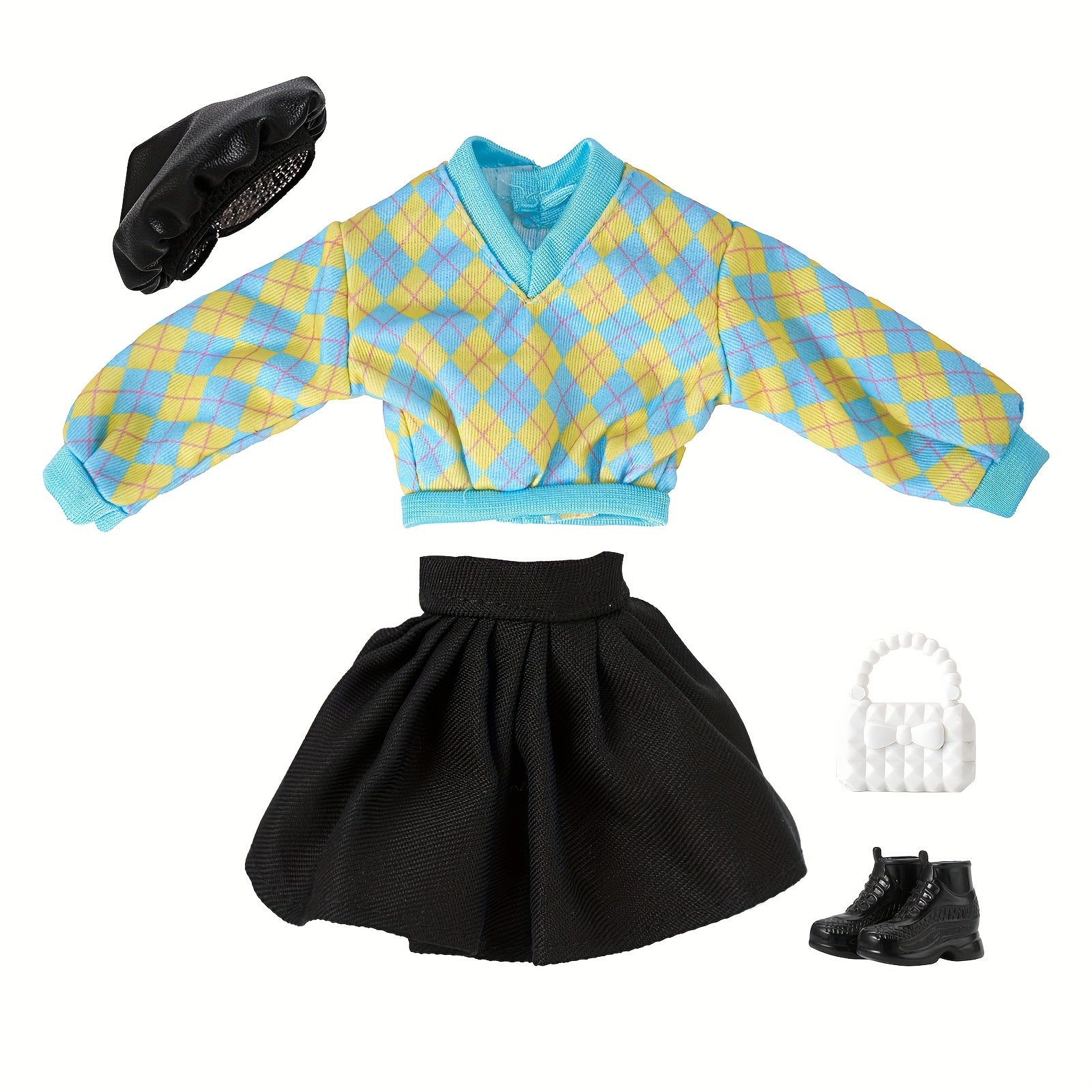 Plaid Doll Clothes Set - Sweater, Skirt, Hat, Bag
