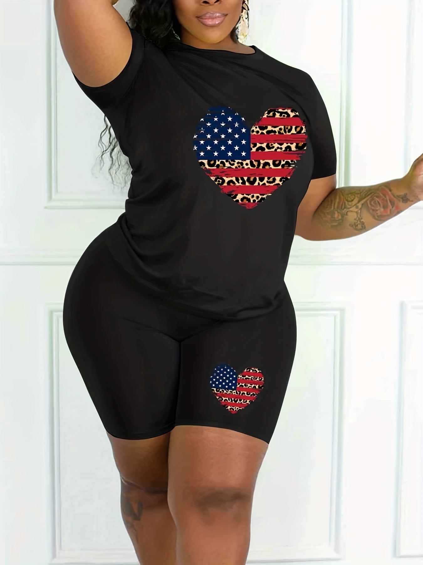  Colorblock Leopard & Heart & Flag Print Top & Shorts Set