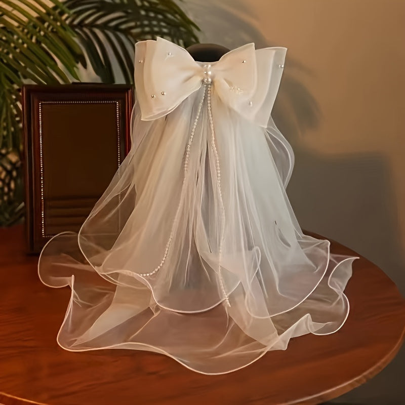 Delicate Lace Bridal Veil with Double Bow & Bead Accents